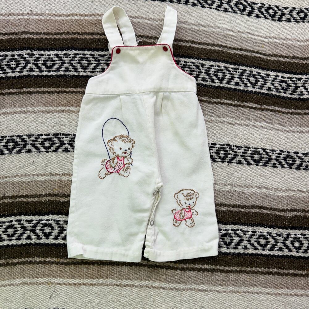 Baby Toddlers Vintage 1980's Handmade White Bear Embroidered Bibs Overalls 18M